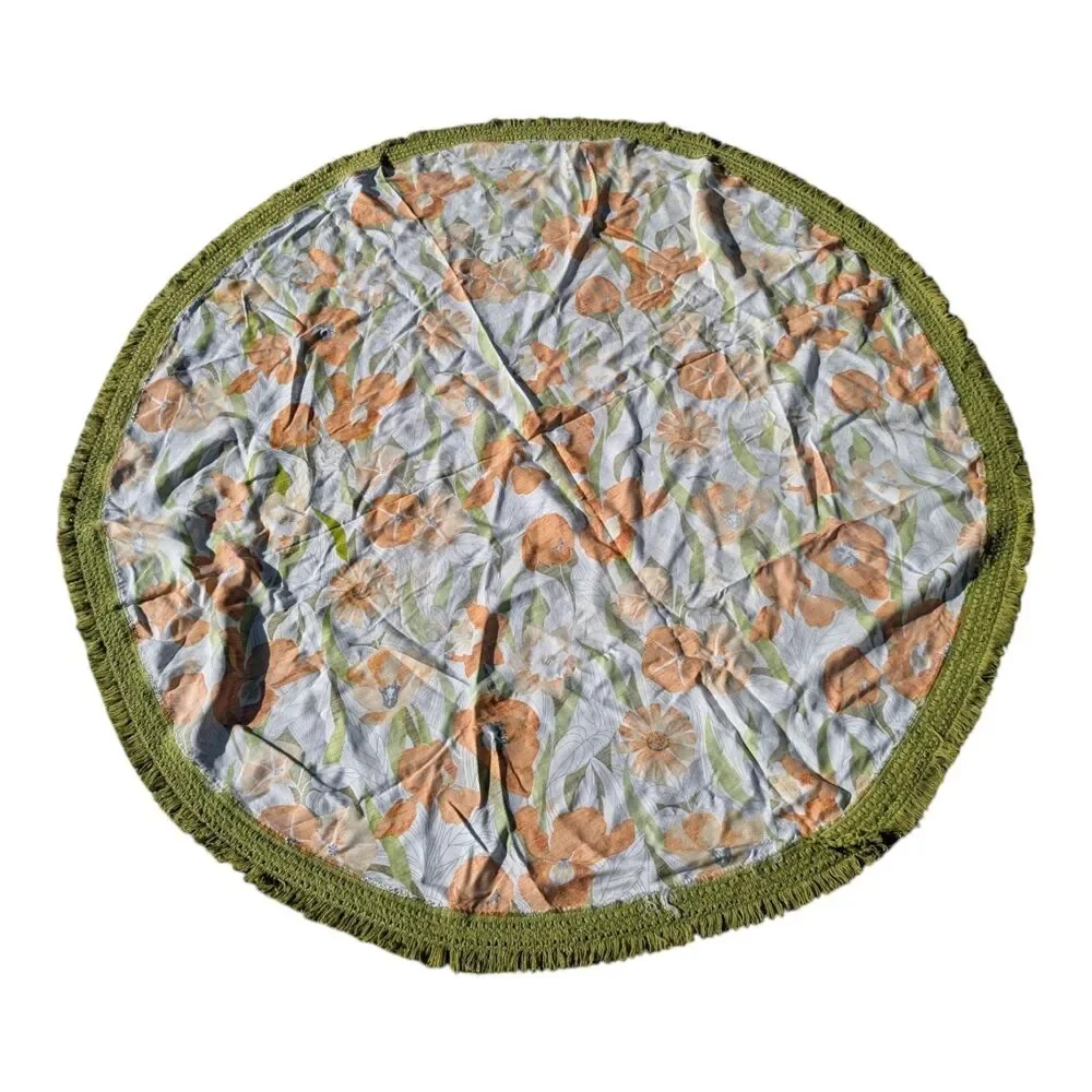Round Terry Table Cloth w/ Fringe Green Orange Patio Table Covering 60”